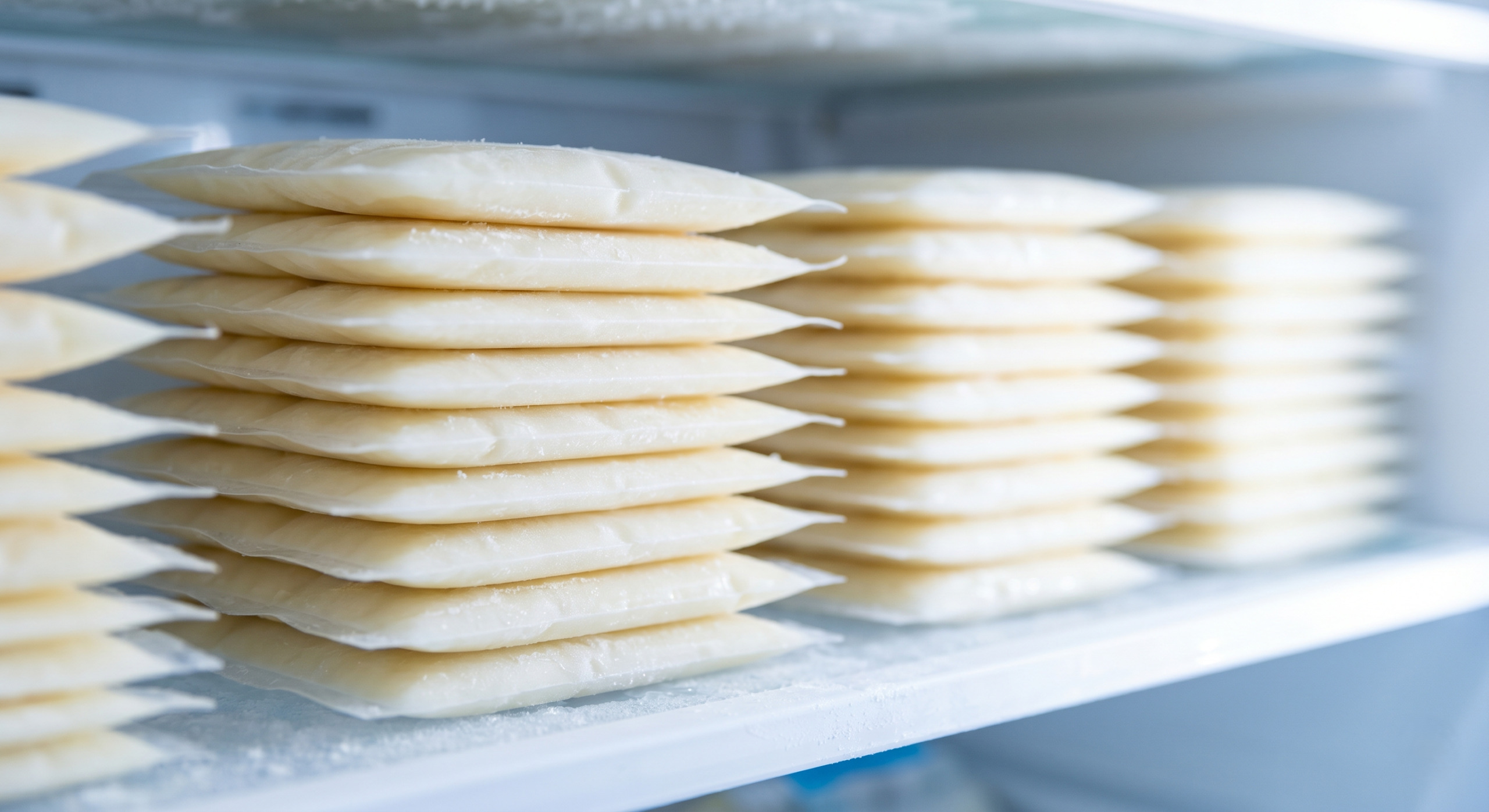 Breast milk storage bags stacked flat in a freezer